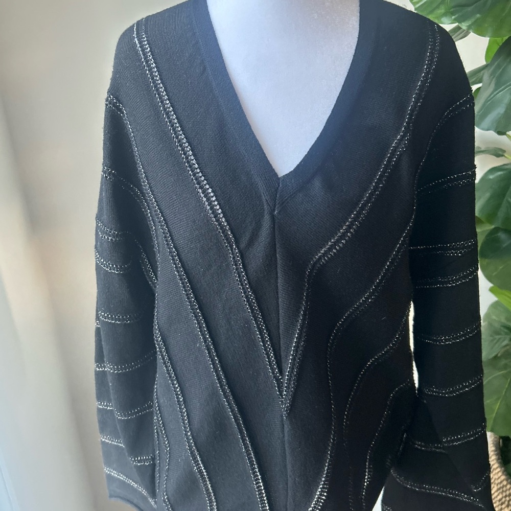 DKNY Black V-Neck Sweater with Stitch Detail